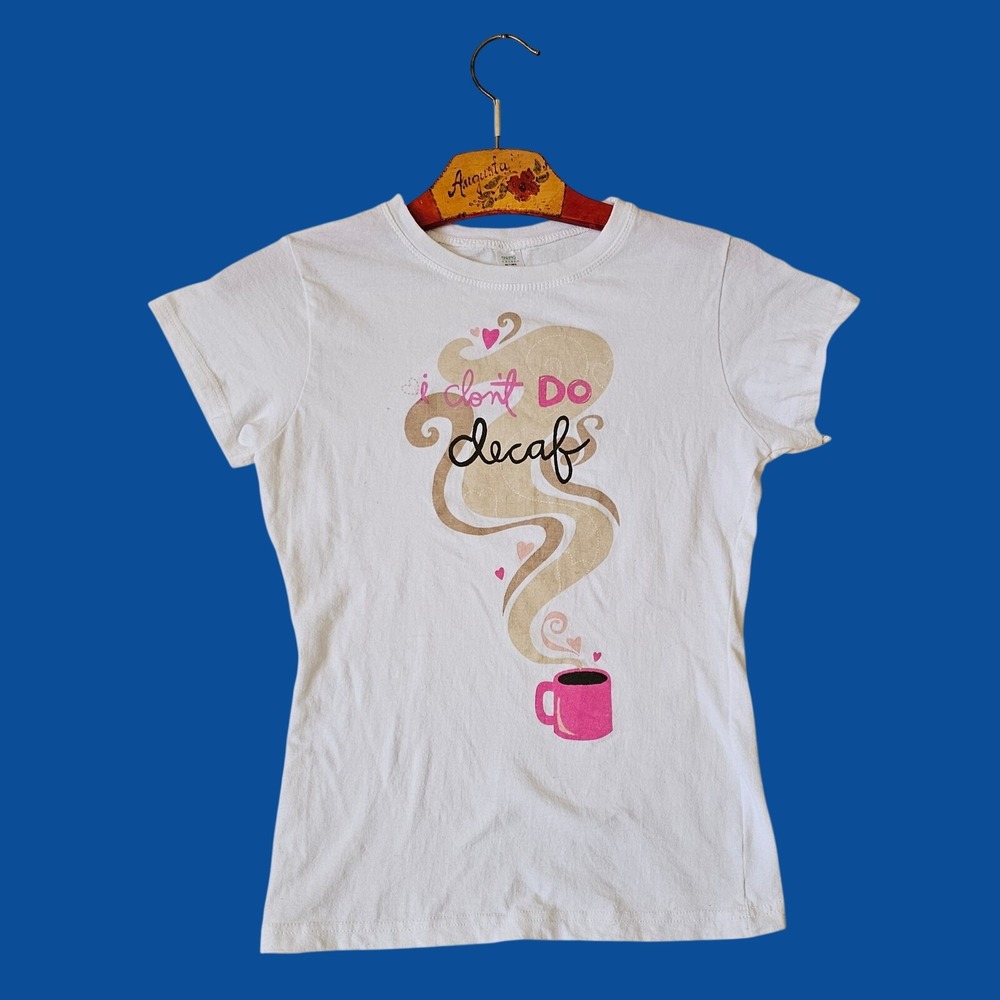 Spring Faire Women White I Don't Do Decaf Coffee Graphic Tee Shirt Small